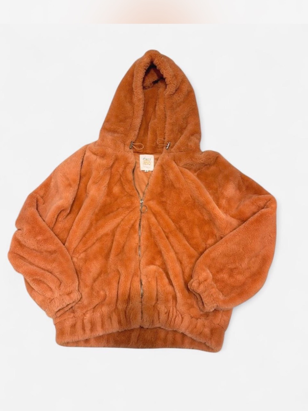 Cozy Hooded Faux-Fur Bomber Jacket in a Fun Peachy Orange